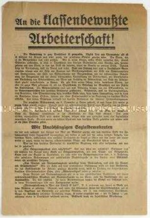 Flugblatt der USPD zur Novemberrevolution und Aufruf zum Beitritt