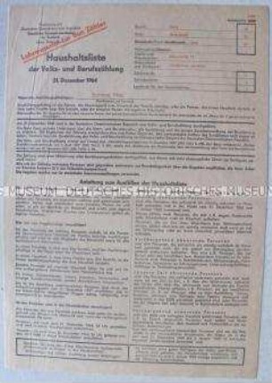 Vordruck des Formulars für die Volkszählung in der DDR 1964 mit Anleitungen für die Helfer
