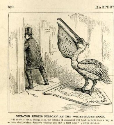 Senator Eustis pelican at the White-House door. "If there is not a change soon, the volcano of discontent will belch forth in such a way as to leave the Louisiana Senator's opening gun only a faint echo." - Jonny McLean : Präsident Cleveland betritt das Weiße Haus, vor dessen Tür ein Pelikan steht