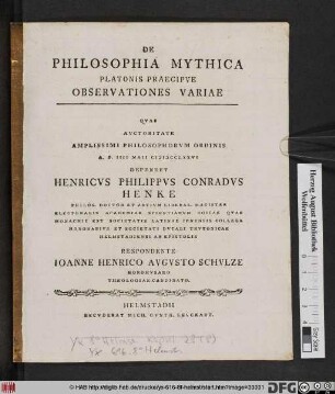 De Philosophia Mythica Platonis Praecipve Observationis Variae