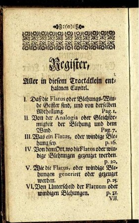 Register, Aller in diesem Tractätlein enthaltenen Capitel.