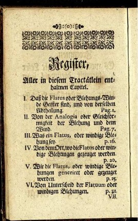 Register, Aller in diesem Tractätlein enthaltenen Capitel.