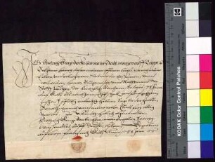 Dietrich Georg Berka von Duba bestätigt Bürgermeister und Rat der Stadt Bautzen den Empfang der zu St. Galli fälligen 11 Schock und 15 Groschen.