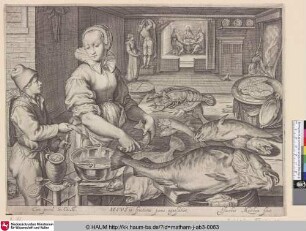 [Küchenszene mit Köchin, Fisch zubereitend; Kitchen scene with kitchen maid preparing fisch, Christ at Emmaus in the background, Luke 24:28-32]