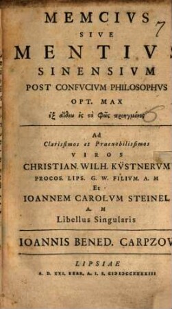 Mencius, sive Mentius, Sinensium post Confucium philosophus opt. max.