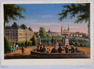 Stadtansicht von Dresden, Blick vom Wall des Gartens im Japanischen Palais auf die Altstadt nach Südwesten, im Vordergrund Spaziergänger