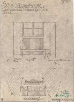 Fischer, Theodor; Heilbronn; Stadt-Theater - Aufstellung der Rohrbänke in der Kassenhalle (Grundriss, Ansicht)