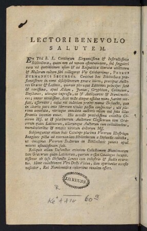 Lectori Benevolo Salutem