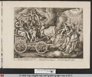 Spes und Fides ziehen einen Triumphwagen, auf dem ein König, ein Geistlicher und ein weitere Mann von Caritas und einigen Putti mit einer Kette umschlungen werden.