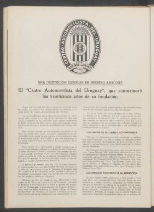 El "Centro Automovilista del Uruguay", que conmemoró los veinticinco años de su fundación : Una institución ejemplar en nuestro ambiente