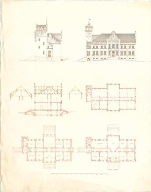 Speeth, Ferdinand; Herrschaftliches Wohnhaus - Grundriss Keller, Grundriss EG, Grundriss OG, Ansichten, Schnitte