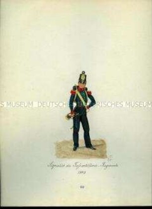 Uniformdarstellung, Signalist des Fußartillerie-Regiments, 1848. Aus: Sammelmappe "Sachsens Militär", Königliche Arsenalsammlung.