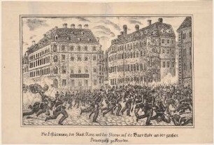 Kämpfe auf dem Neumarkt am 7. Mai 1849 während des Maiaufstandes in Dresden, Blick in die Moritzstraße, links das Hotel Stadt Rom