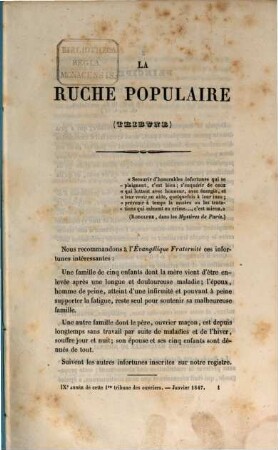 La Ruche populaire : journal des ouvriers rédigé et publié par eux-mêmes ... 1847 = Année 9