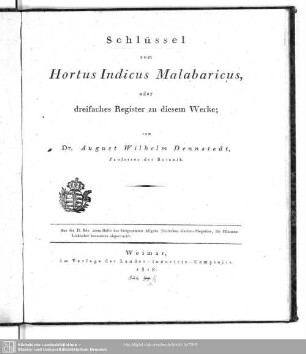 Schlüssel zum Hortus Indicus Malabaricus, oder dreifaches Register zu diesem Werke