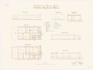 Tuberkulose-Baracken der Charité, Berlin: Baracke für Männer: Grundriss Kellergeschoss, Erdgeschoss, Querschnitt- und Längsschnitt, O-, W-, N-Ansicht 1:100