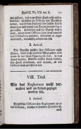 VIII. Titul. Wie das Reglement wohl verwahret und an keinen werden soll.