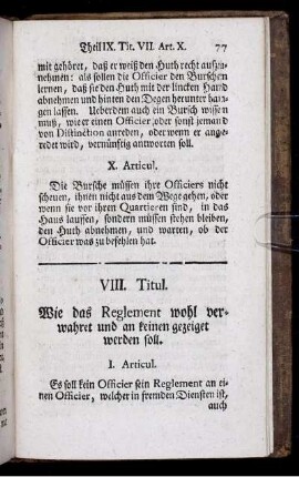 VIII. Titul. Wie das Reglement wohl verwahret und an keinen werden soll.