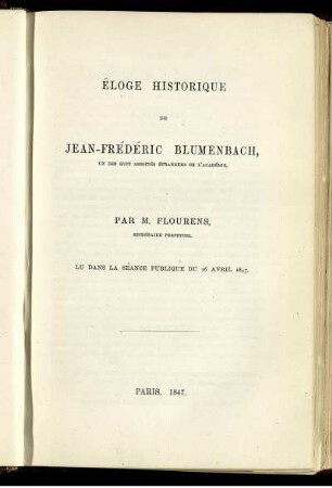 Éloge Historique de Jean-Frédéric Blumenbach = Memoir of Blumenbach