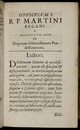Lectori; Doctrina Caluinistica De Prædestinatione, septem propositionibus comprehensa.
