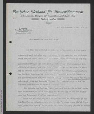 Brief des Deutschen Verbands für Frauenstimmrecht an Helene Lange