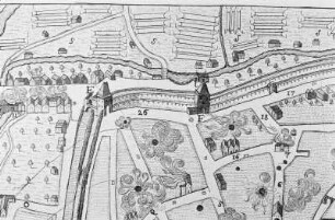 Zittau. Wasserpforte (F) und Pfortmühle (T), Ausschnitt aus: Prospekt der Stadt Zittau, 1757 (Sign.: VIII 130)