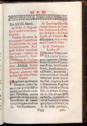 Die XXVII. Martii. In Festo S. Ruperti Episcopi & Confessoris. Duplex.