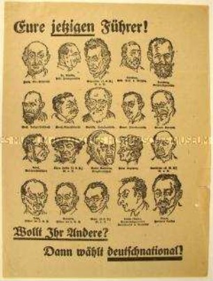 Antisemitischer Wahlaufruf der Deutschnationalen Volkspartei mit Karikaturporträts von 20 Politikern.