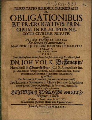 Dissertatio iuridica inauguralis de obligationibus et praerogativis principum in praecipuis negotiis civilibus privatis