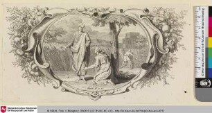 [Ornamentstich mit biblischer Ernteszene]
