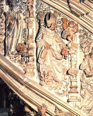 Halle (Saale), Dom, urspr. Dominikaner-Klosterkirche St. Pauli, Inneres, am nördl. 4. Pfeiler von Westen, Sandsteinkanzel, Treppenaufgang, Augustinus; Ulrich Creutz