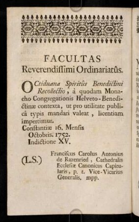 0k-0m, Facultas Reverendissimi Ordinariatus. Facultas Ordinis. Approbatio.