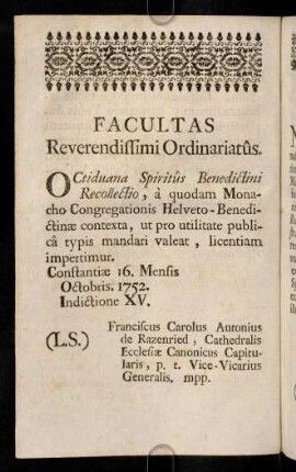 0k-0m, Facultas Reverendissimi Ordinariatus. Facultas Ordinis. Approbatio.