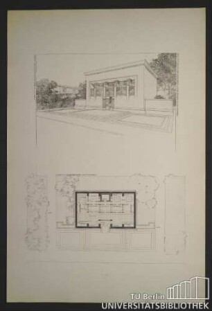 Tafel XII. Studie zu einem Bankgebäude in Beton. (Perspektive und Grundriss)