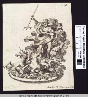 Neptun mit Dreizack und zwei Fabelwesen.