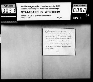 Fr. Joseph Blümlein, Laie zu Bronnbach (Brunbach), verspricht den Satzungen und Regeln des hl. Benediktus Treue und Gehorsam.