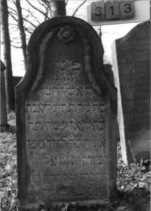 Grabstein 313 (Index: 100115851) Material: Sandstein Maße HxBxT: 114x57x10 cm Beschreibung: Stele mit hoch eingezogenem Segmentbogenabschluß, eingetieftes Schriftfeld Symbolik: Blüte, Ranke: Grabstein 313