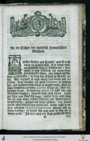 An die Söhne der natürlich hermetischen Weißheit