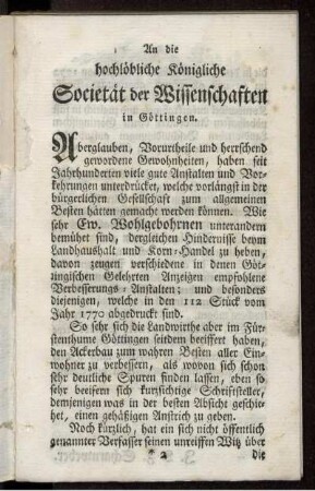 An die hochlöbliche Königliche Societät der Wissenschaften in Göttingen