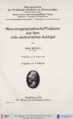 1919, 4. Abhandlung: Sitzungsberichte der Heidelberger Akademie der Wissenschaften, Mathematisch-Naturwissenschaftliche Klasse: Abteilung B, Biologische Wissenschaften: Neue zoogeographische Probleme aus dem indoaustralischen Archipel