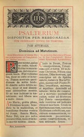 Breviarium romanum ex Decreto SS. Concilii Tridentini restitutum S. Pii V. Pontifecis Maximi jussu editum Clementis VIII., Urbani VIII. et Leonis XIII. auctoritate recognitum, [4]. Pars autumnalis