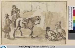 Gesatteltes Pferd mit vier Soldaten