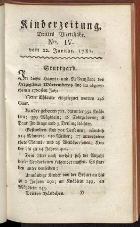 Kinderzeitung. Drittes Vierteljahr. Nro. IV. vom 22. Januar. 1781.