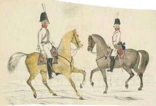 2 Offiziere des königl. preuss. Garderegiments, Garnison Berlin (?), in weisser Uniform mit grauer Rabatte, schwarzer Dreispitz mit Verzierung als Hut, beide auf mit Schabracken geschmückten Pferden