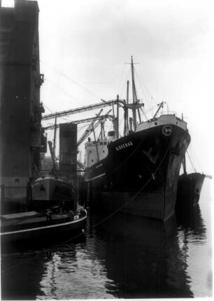 Hamburg. Freihaufen. Das Motorschiff "Birkenau" liegt am Kai. Die Fracht wird gelöscht