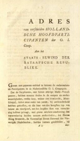 Adres van verscheiden Hollandsche Hoofdparticipanten der O. I. Comp. aan het staats-bewind der Bataafsche Republiek