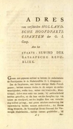 Adres van verscheiden Hollandsche Hoofdparticipanten der O. I. Comp. aan het staats-bewind der Bataafsche Republiek