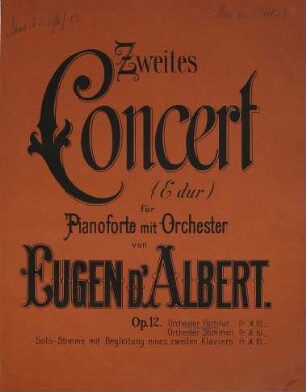 Zweites Concert (E-Dur) für Pianoforte mit Orchester : Op. 12 ; Pauline Erdmannsdörfer-Fichtner gewidmet