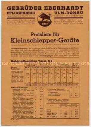 Preisliste für Kleinschlepper-Geräte