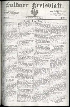 Erste Ausgabe vom Samstag, den 16. April 1892.